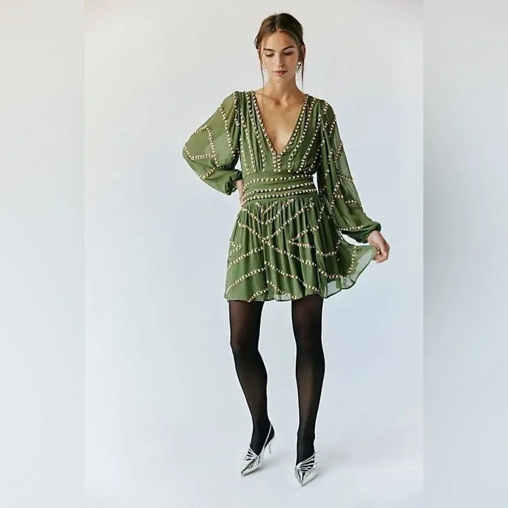 Free People JEN'S PIRATE BOOTY Olive Green Beaded V-Neck Mini Dress - Picture 4 of 11